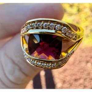 Lorenzo Designer 18k‎ Solid Gold Natural Rhodolite Garnet & Diamond Pave Ring